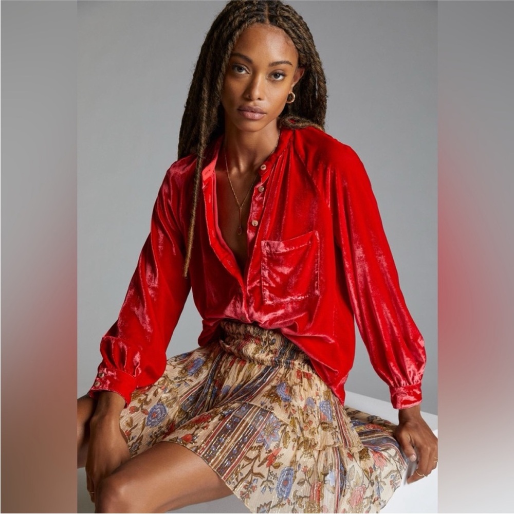 Anthropologie Pilcro XSP Extra Small Puff Sleeves Velvet Bright Red Top